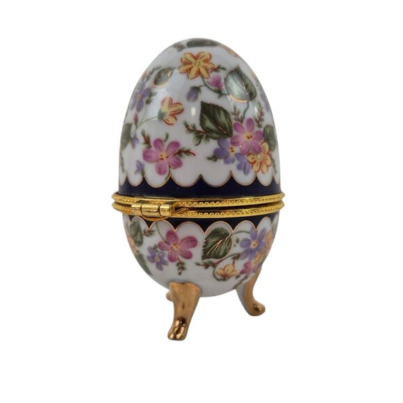 Egg Trinket Box Vintage Floral Porcelain Gold Accents Hinged Lid Tripod Legs - Picture 7 of 10